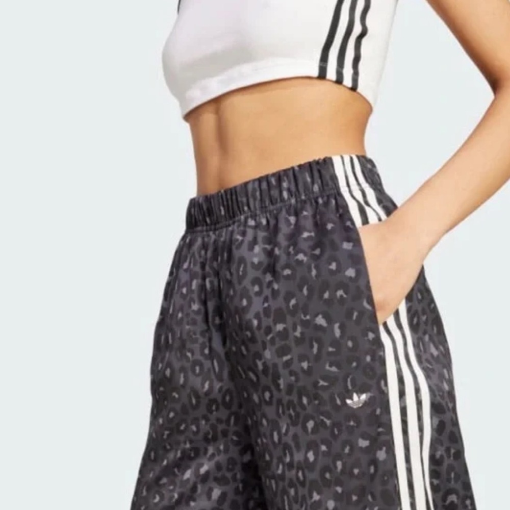 Adidas Leopard Print Satin Wide Leg Track PantsSize L color carbon NWT - Picture 2 of 6